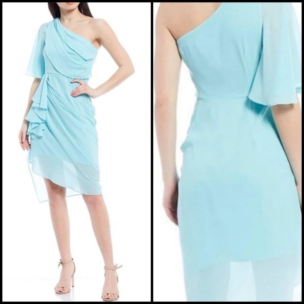 Belle Badgley Mischka Aliyah Wedding One-Shoulder Asymmetric Light Blue Dress 2